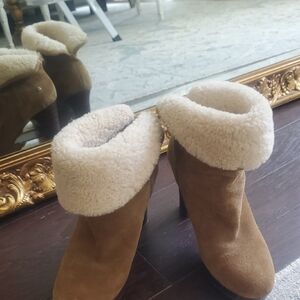 Tan and Cream Heeled Boots with Cozy Shearling